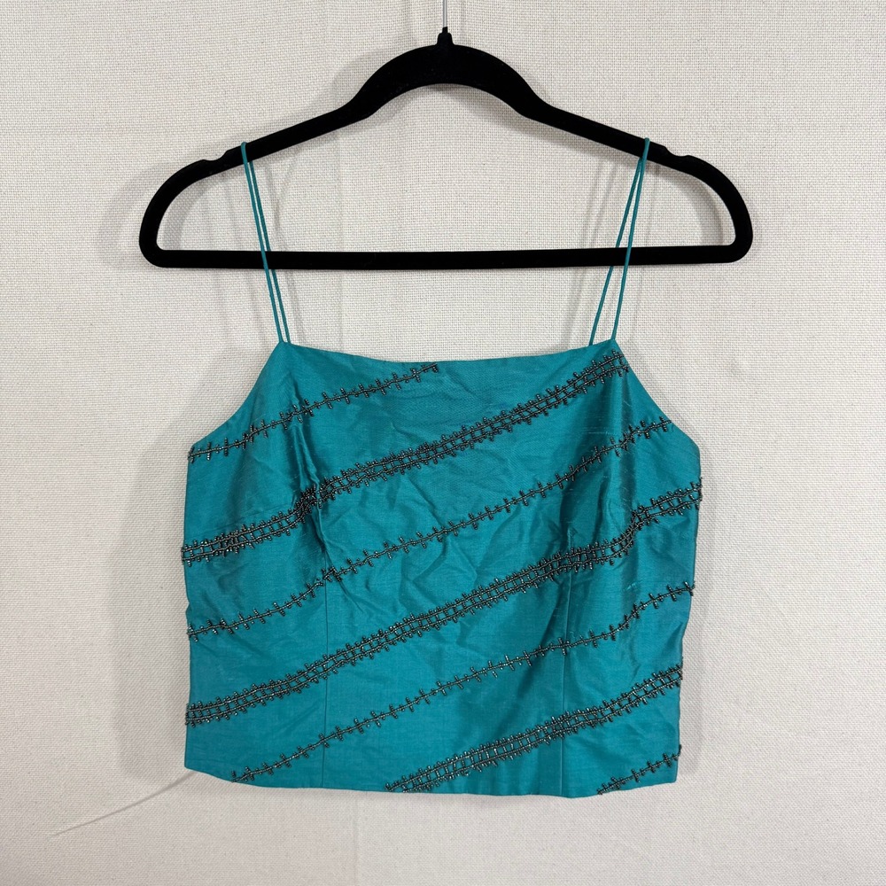 Ann Taylor Women Teal 100% Silk Beaded Camisole Tank Top Size 8